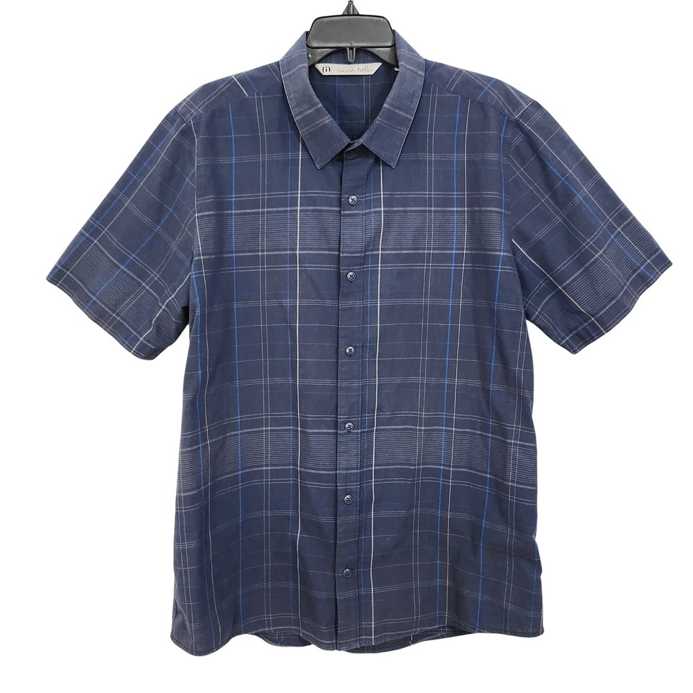 Travis Mathew Short Sleeve Button Up Casual Shirt‎ Mens XL Blue Gray Plaid